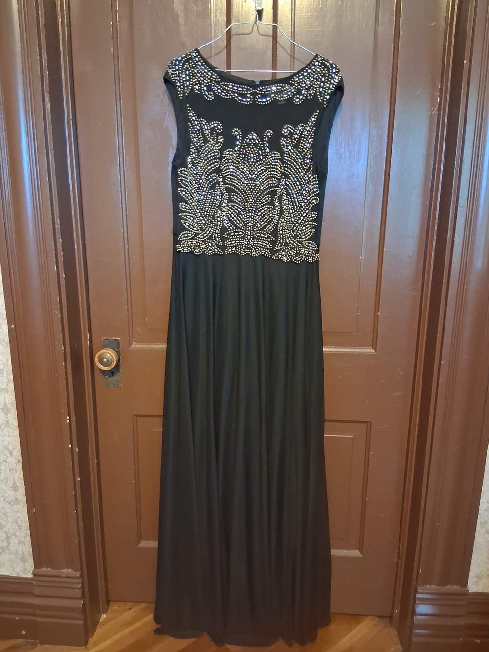 Black Maxi Evening Dress with Gold Beaded Bodice